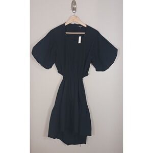 Madewell Cotton Blend Seersucker Puff-Sleeve Cutout Mini Dress Black Size S New